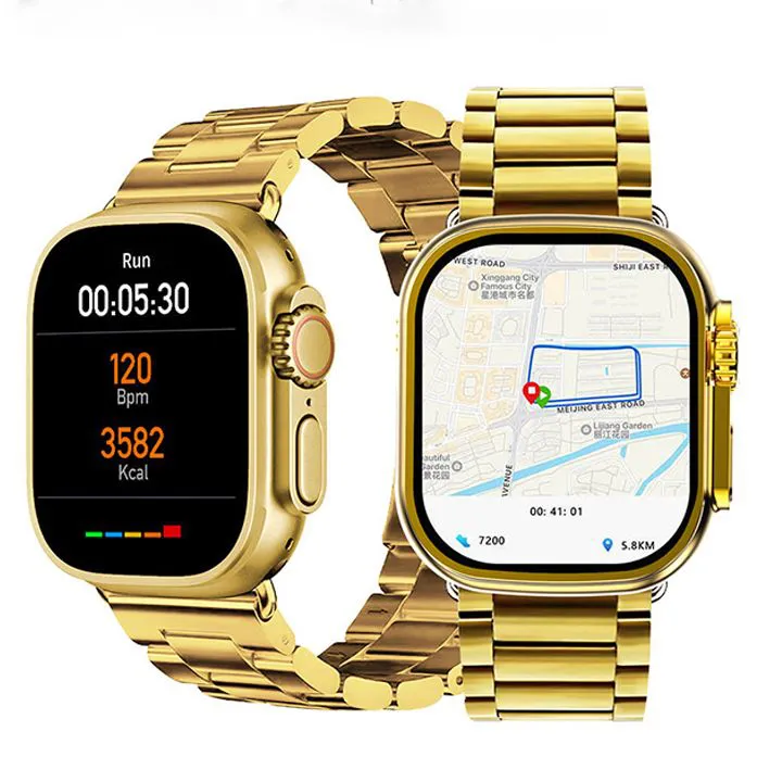 Golden Smart Watch 2.01 inch Ultra Max Bluetooth Waterproof Sports Smartwatch with Real Screw Buckle Metal Dual Band Business Luxury Watches
