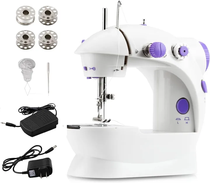 One factory Beginner Sewing Machine Portable Mini Tabletop Foot Pedal Night Light Home Straight Cutting Machine Auto Wrap Sewing Mini Household Items With Sewing Kit Adapter and Extension Table