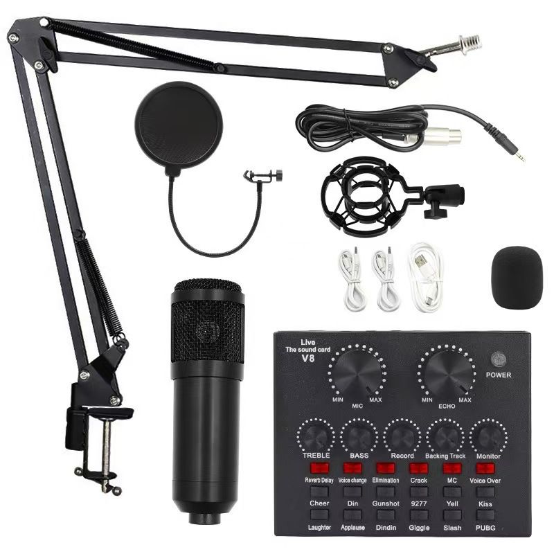 One factory  Ready Stock V8s Sound Card + BM800 Mic Set Condenser Microphone Live Sound Card Bluetooth Audio Interface Studio Streaming Recording for Phone PC