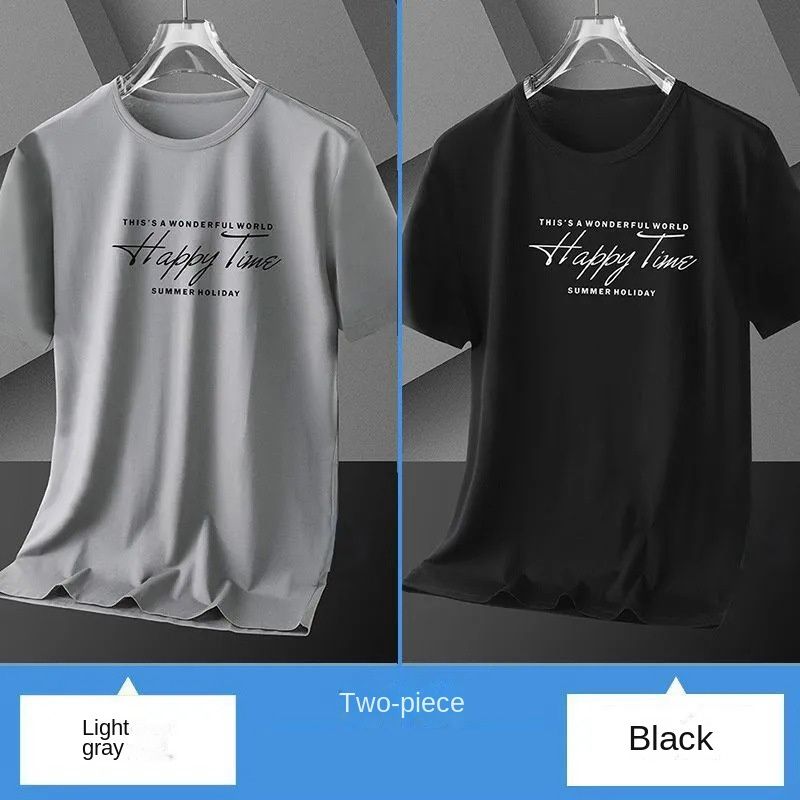 2PC Size M -2XL Black + gray men's ice silk short-sleeved T-shirt men's clothing youth tops students loose mesh base shirt boys casual round neck clothes