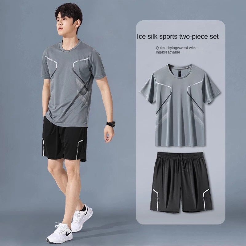 2PC Size M-2XL men's clothes casual sports suits running short sleeve ice silk clothing boys quick drying students basketball suit Feather fitness suit shorts 2 PC multiple colors,2XL