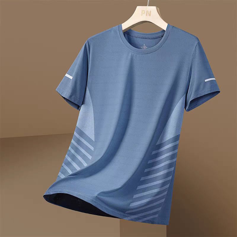 2PC Blue + gray men's clothing Dad ice silk short-sleeved T-shirt Boys thin quick-drying mesh sports fitness round neck tops casual stretch clothes