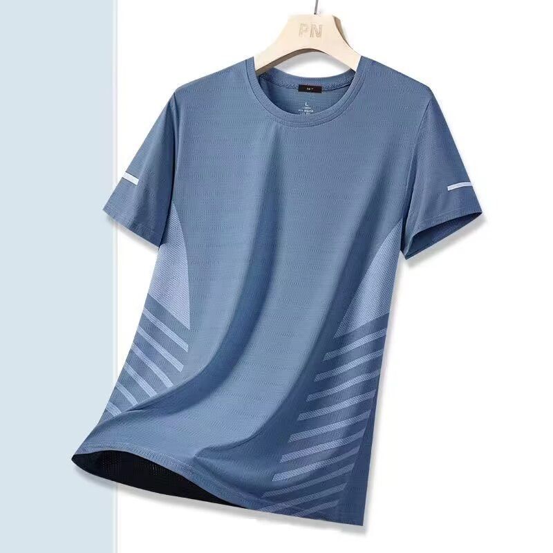 2PC Blue + gray men's clothing Dad ice silk short-sleeved T-shirt Boys thin quick-drying mesh sports fitness round neck tops casual stretch clothes