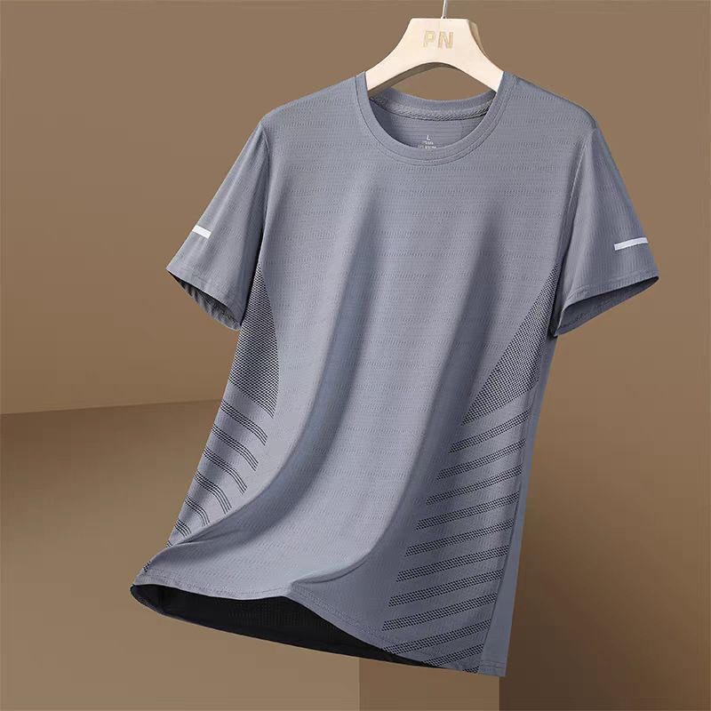 2PC Blue + gray men's clothing Dad ice silk short-sleeved T-shirt Boys thin quick-drying mesh sports fitness round neck tops casual stretch clothes