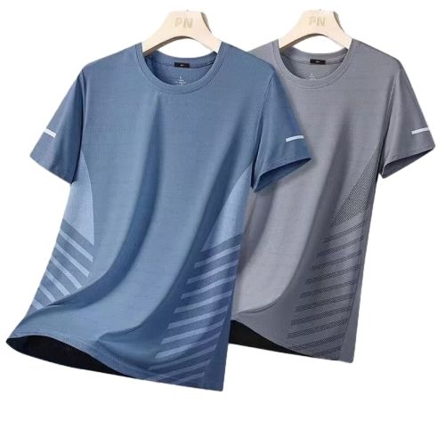 2PC Blue + gray men's clothing Dad ice silk short-sleeved T-shirt Boys thin quick-drying mesh sports fitness round neck tops casual stretch clothes