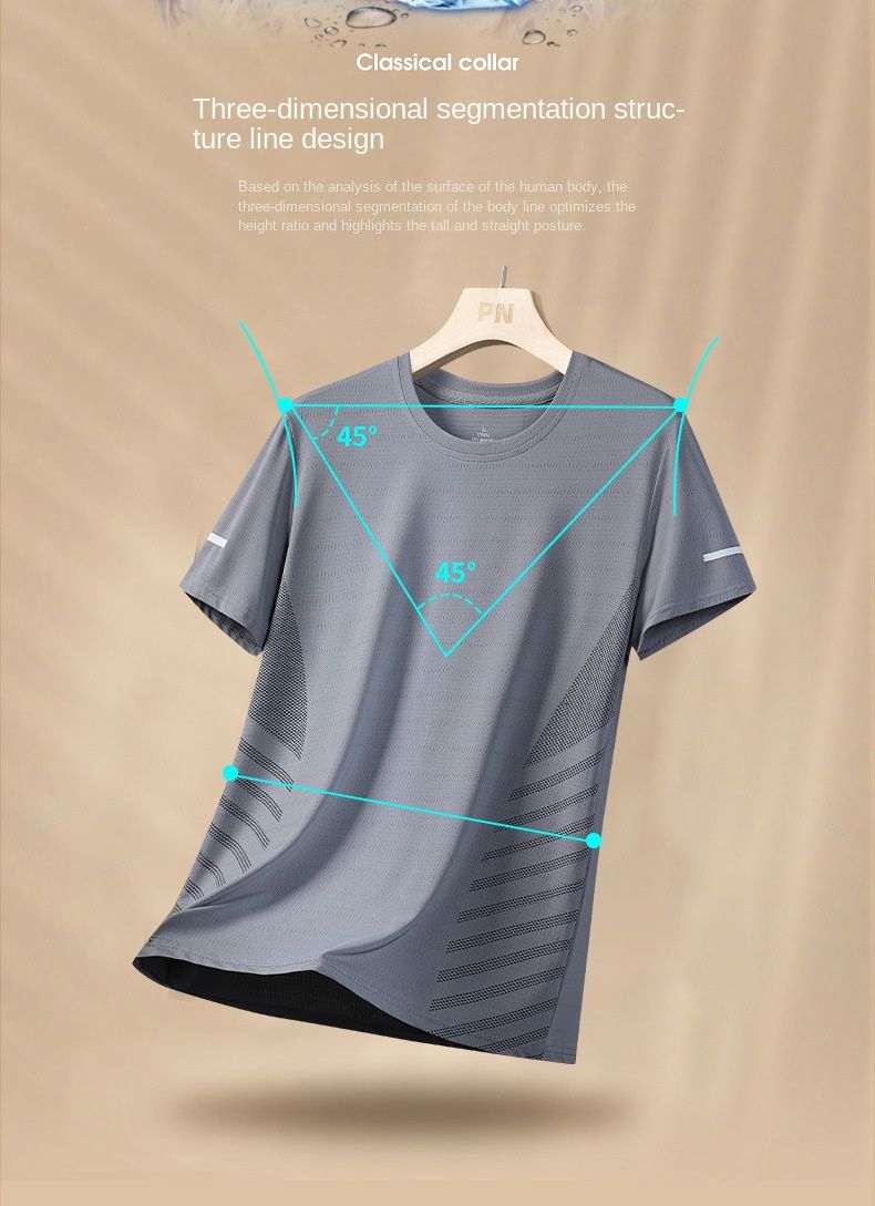 2PC Blue + gray men's clothing Dad ice silk short-sleeved T-shirt Boys thin quick-drying mesh sports fitness round neck tops casual stretch clothes