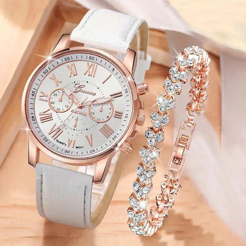 2pcs/set Women's simple PU fashion belt watches watch +  bracelet classic quartz watch girls Fashion Accessories gift sets
Roman scale wrist watches White