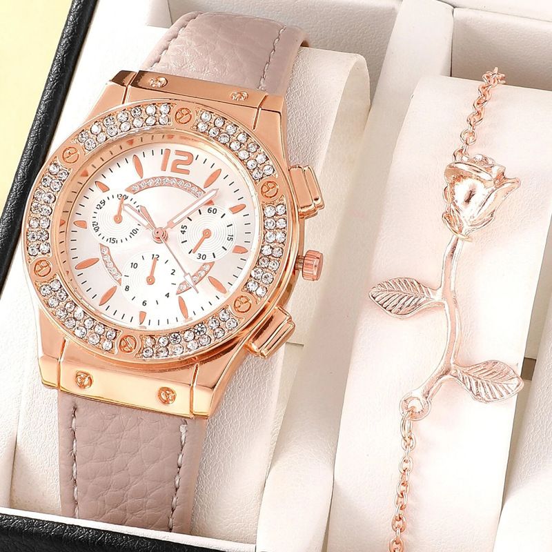 ladies rhinestones fashion watch +bracelet suit (No box) PU strap simple watch girls elegant decorative watch Women's fashion accessories Quartz watch Holiday gift