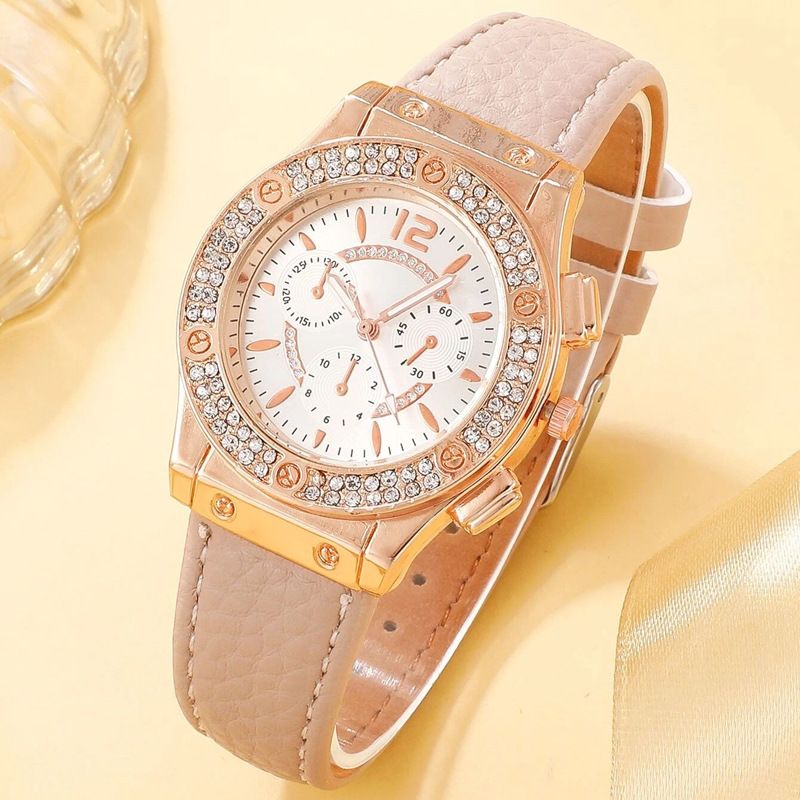 ladies rhinestones fashion watch +bracelet suit (No box) PU strap simple watch girls elegant decorative watch Women's fashion accessories Quartz watch Holiday gift