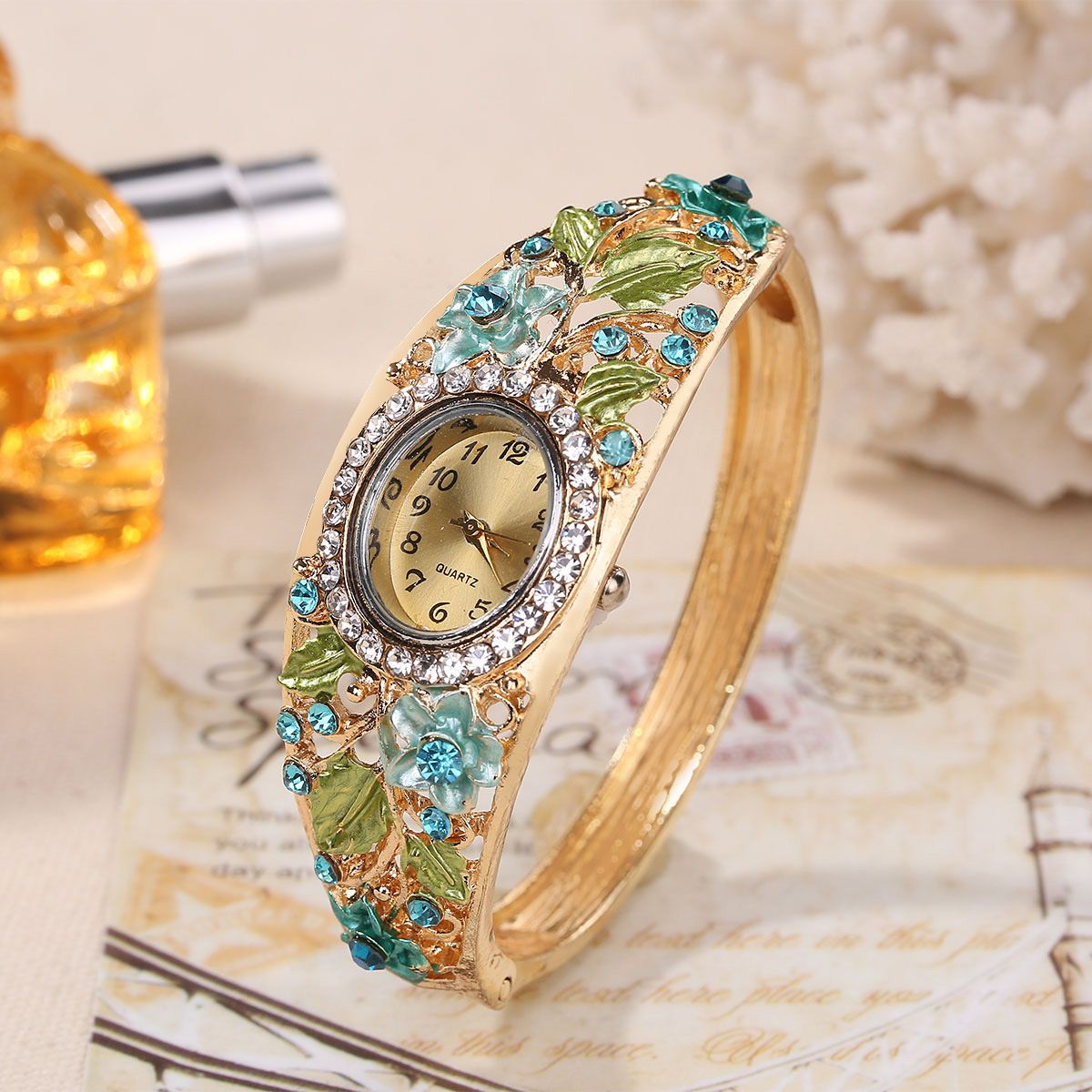 Women's Bracelet Watch Girl's Chinese Style quartz Watch Student's rustic diamond-set watch fashion accessories gift watch Green