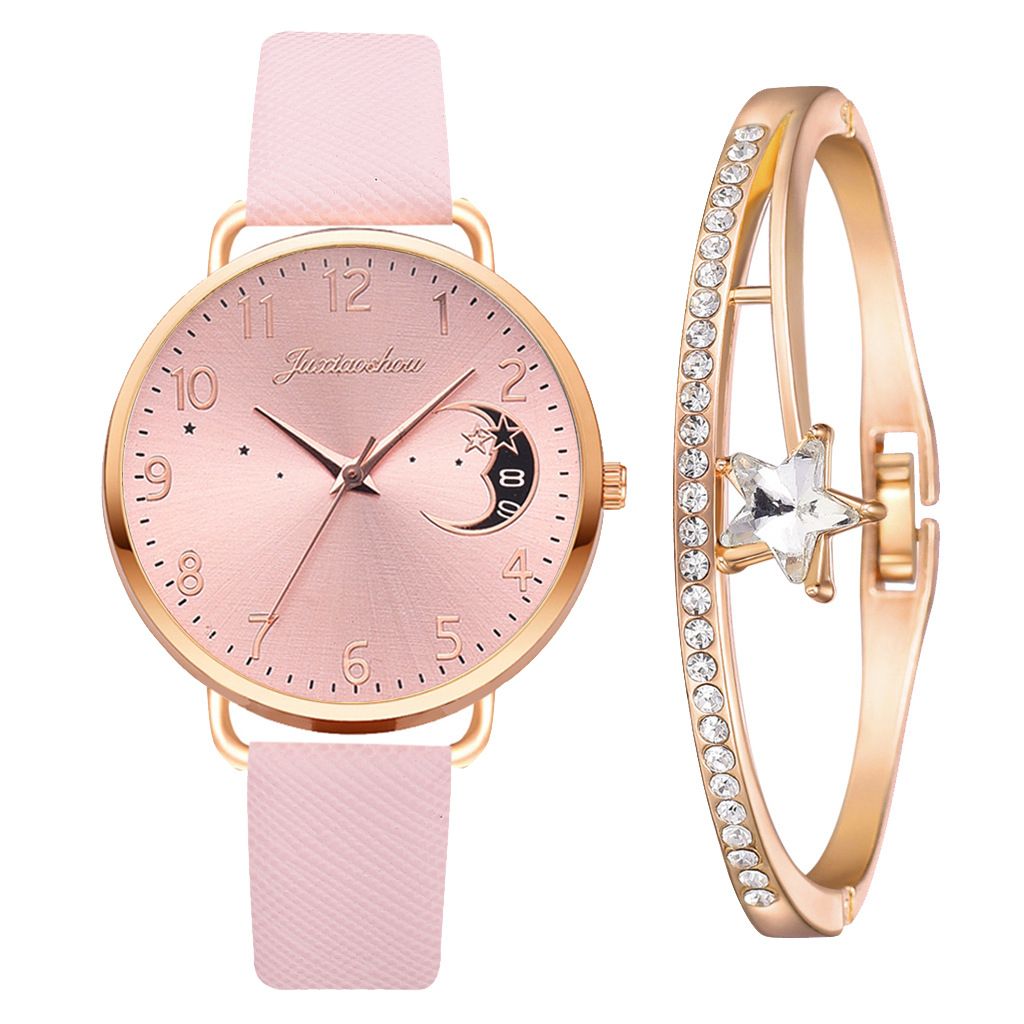 2pcs/set Women's simple pink PU fashion belt watches watch +  bracelet classic quartz watch girls fashion accessories gift sets
wrist watches Pink