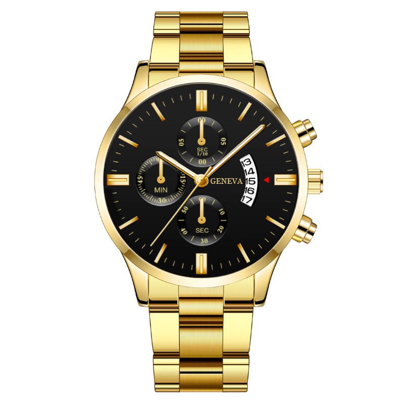 Men's calendar watches Boys steel band watches students large dial quartz gift watch Daddy jewelry men's fashion accessories  Gold