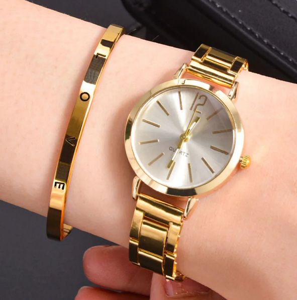 2pcs/set Women's steel strap simple fashion watches+bracelet classic quartz watch girls fashion accessories gift sets wrist watches Gold