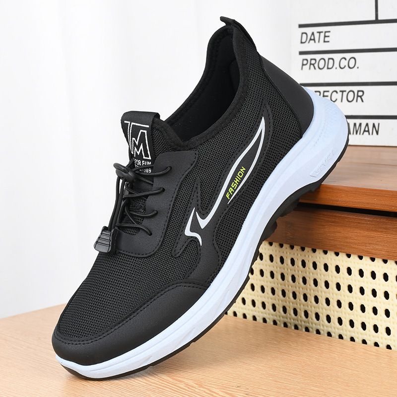 Men's black shoes lace-up sports shoes Boys casual sneakers walking shoes Dad athletic soft soled non-slip mesh shoes running shoes driving shoes