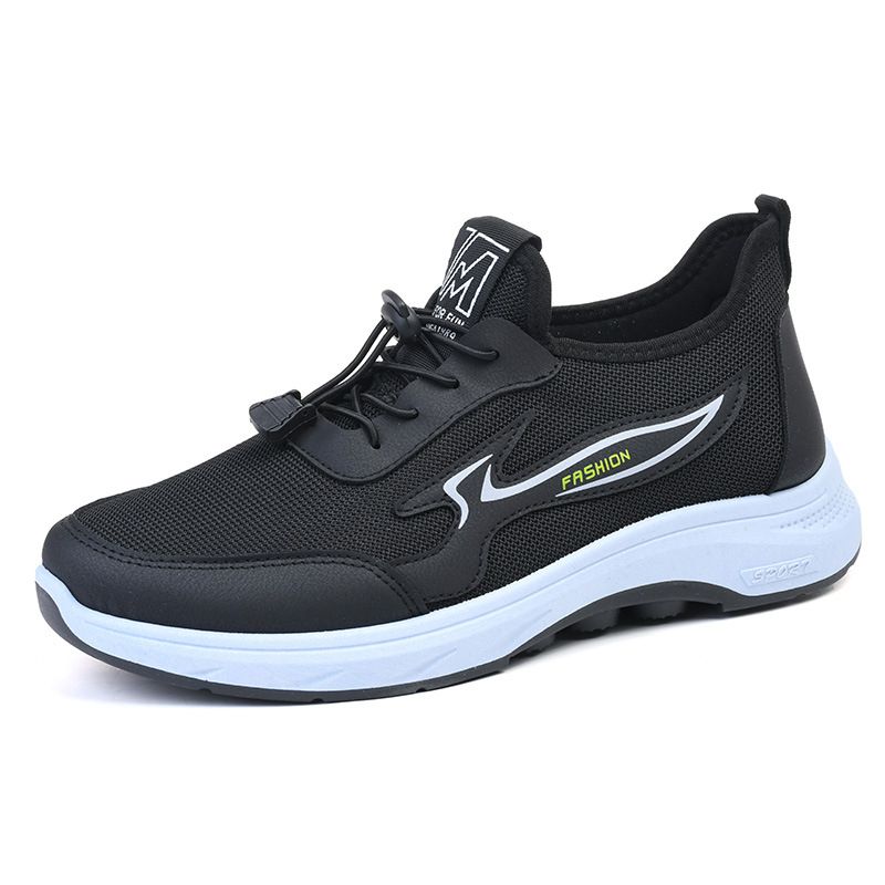 Men's black shoes lace-up sports shoes Boys casual sneakers walking shoes Dad athletic soft soled non-slip mesh shoes running shoes driving shoes