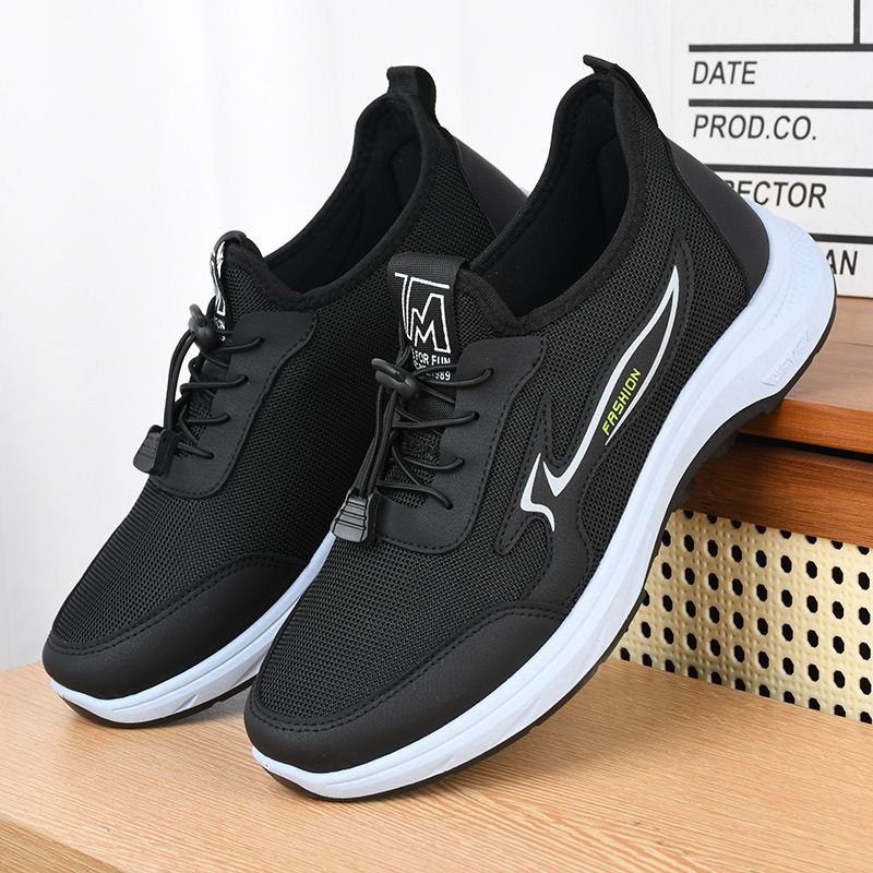 Men's black shoes lace-up sports shoes Boys casual sneakers walking shoes Dad athletic soft soled non-slip mesh shoes running shoes driving shoes