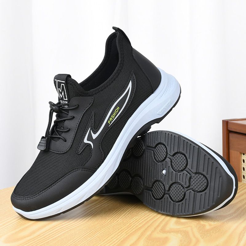 Men's black shoes lace-up sports shoes Boys casual sneakers walking shoes Dad athletic soft soled non-slip mesh shoes running shoes driving shoes