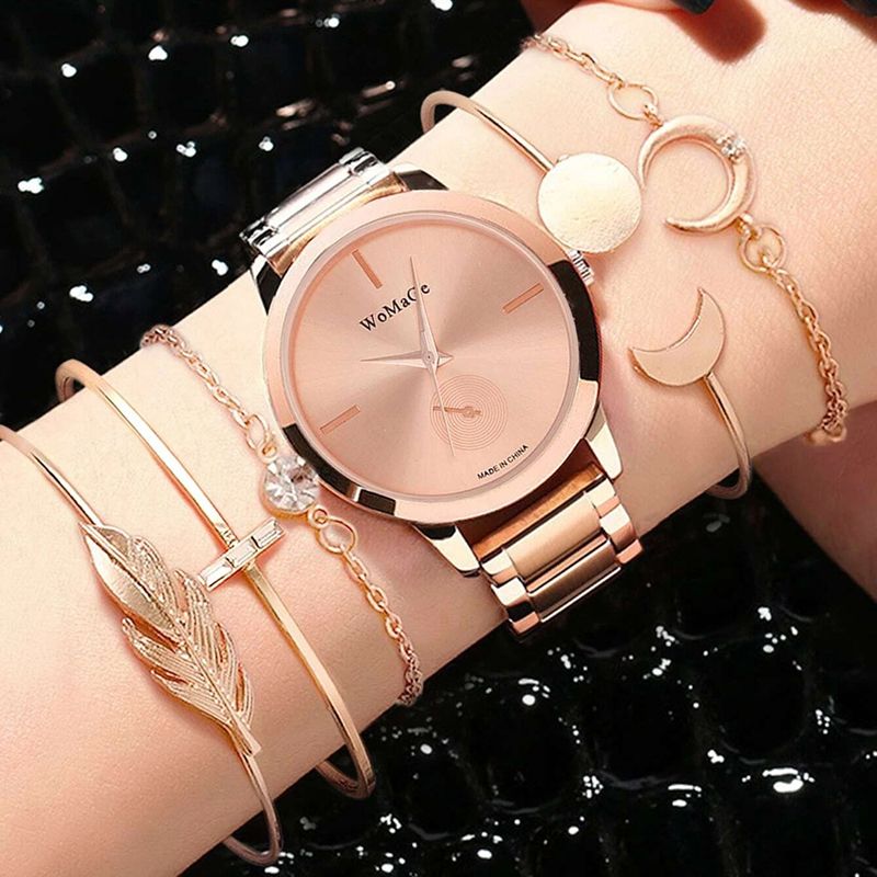 6PC Women's fashion accessories watches（no box）Ladies Watch Girls Business Quartz Watch Students Watch Bracelet sets jewelry gift sets Rose Glod