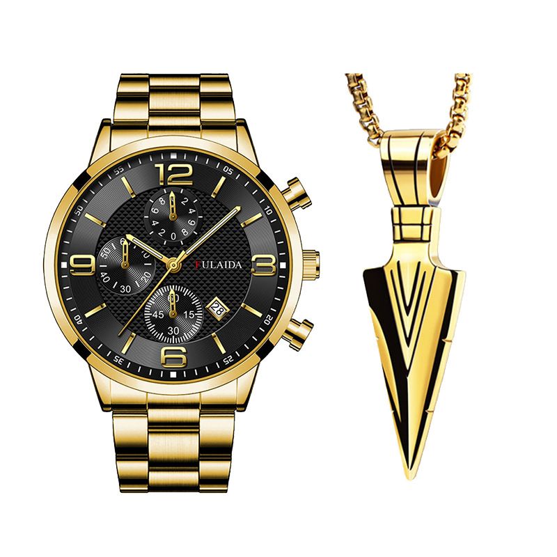 2PC Men's calendar watches Boys steel band watches students large dial quartz gift watch Daddy jewelry men's fashion accessories  Gold