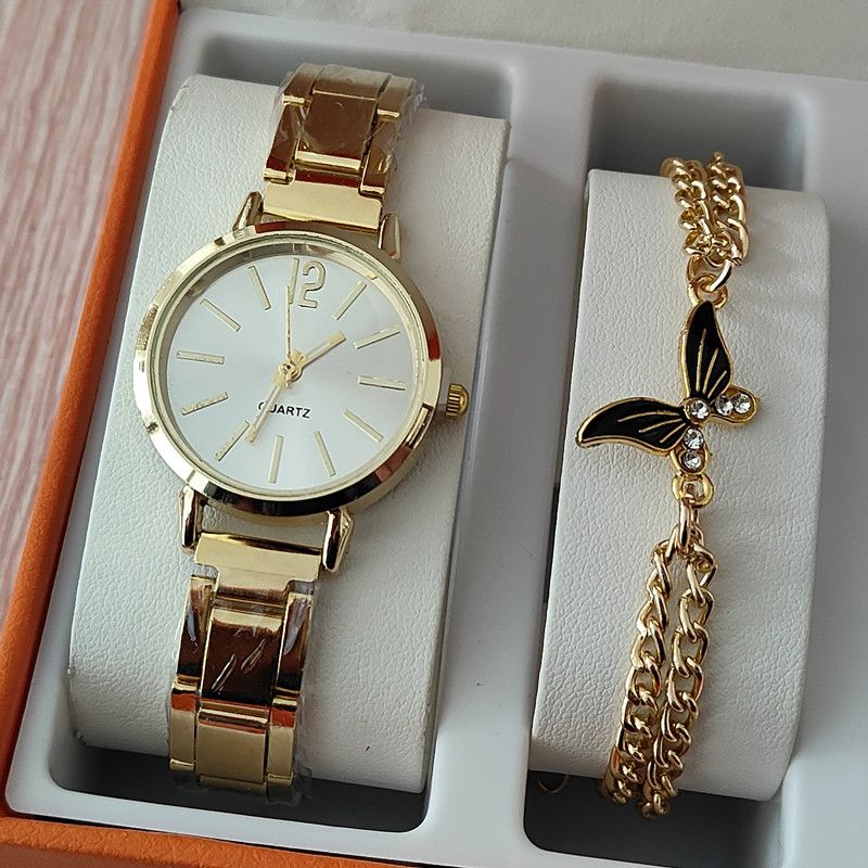 2pcs/set Women's steel strap watch ladies fashion accessories simple watches+bracelet classic quartz watch girls gift sets wrist watches Gold