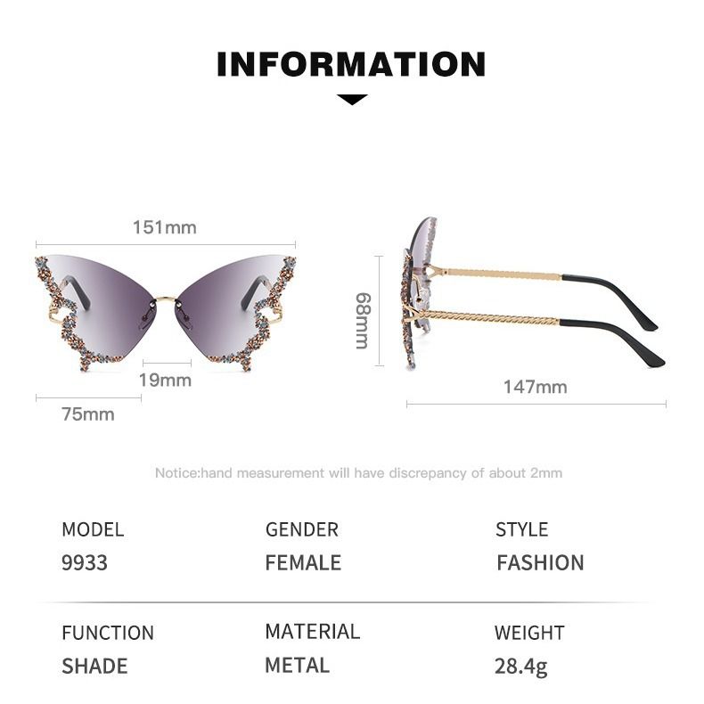 New arrivals women's butterfly shape diamond rimless sunglasses ladies' fashion personality exaggerated sunglasses girls sunglasses