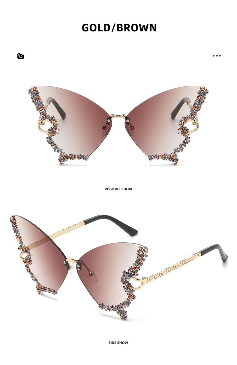 New arrivals women's butterfly shape diamond rimless sunglasses ladies' fashion personality exaggerated sunglasses girls sunglasses