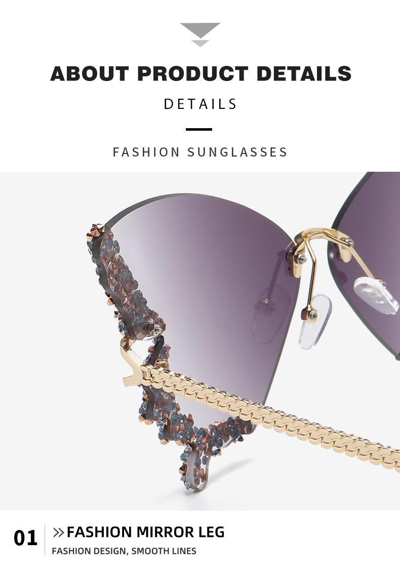 New arrivals women's butterfly shape diamond rimless sunglasses ladies' fashion personality exaggerated sunglasses girls sunglasses