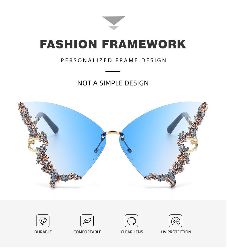 New arrivals women's butterfly shape diamond rimless sunglasses ladies' fashion personality exaggerated sunglasses girls sunglasses
