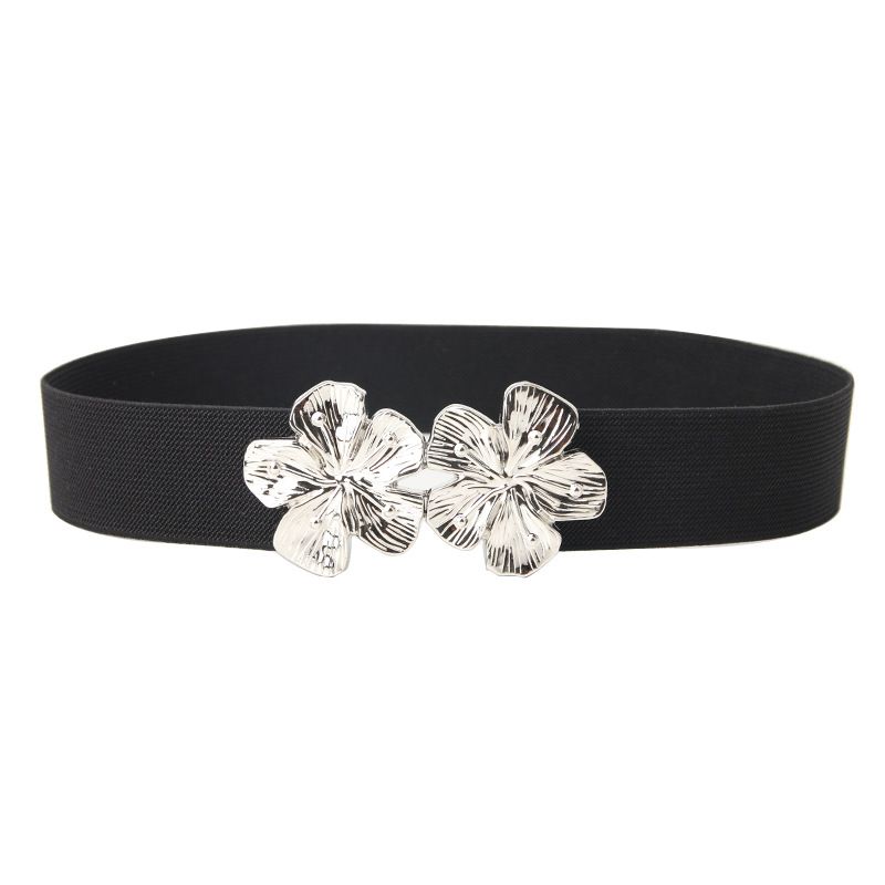 Women's Fashion Floral Buckle Belts Ladies Elastic Belt Girls Decorative dress Coat Belt Ladies waist waist belt Black