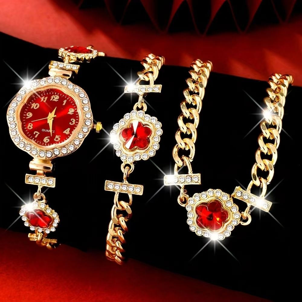 3PC Women's Fashion Accessories Red Watch Set Ladies Necklace+ Bracelet +Watch set Girls quartz Watch wrist watches gift sets Gold