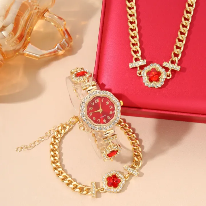 3PC Women's Fashion Accessories Red Watch Set Ladies Necklace+ Bracelet +Watch set Girls quartz Watch wrist watches gift sets