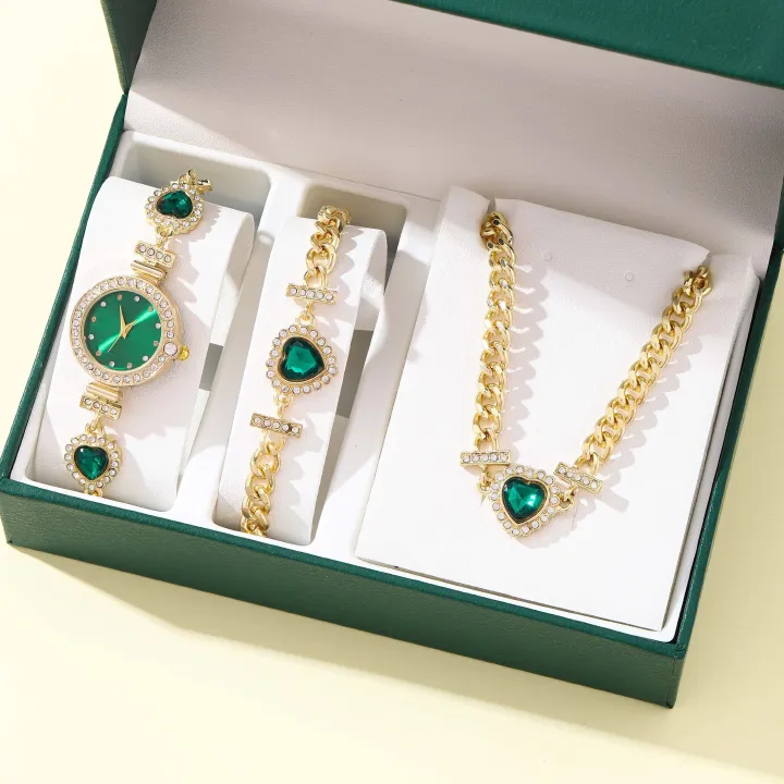 3PC Women's Fashion Accessories Green Watch Set Ladies Necklace+ Bracelet +Watch set Girls quartz Watch wrist watches gift sets