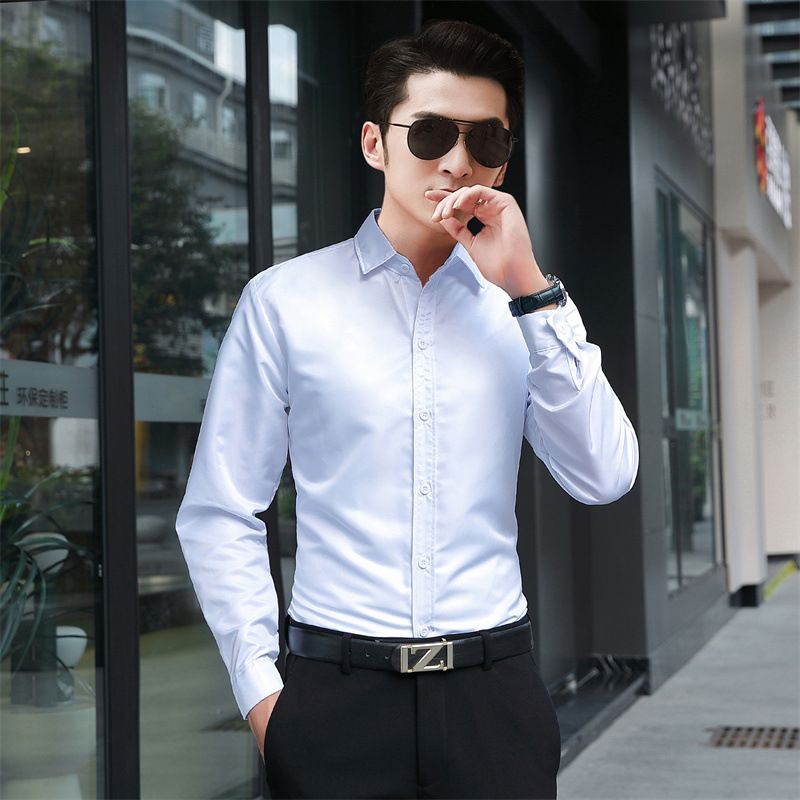 Men's solid color white long sleeve shirts boys fashion thin shirts youth business students slim casual shirts men's clothing tops shirts