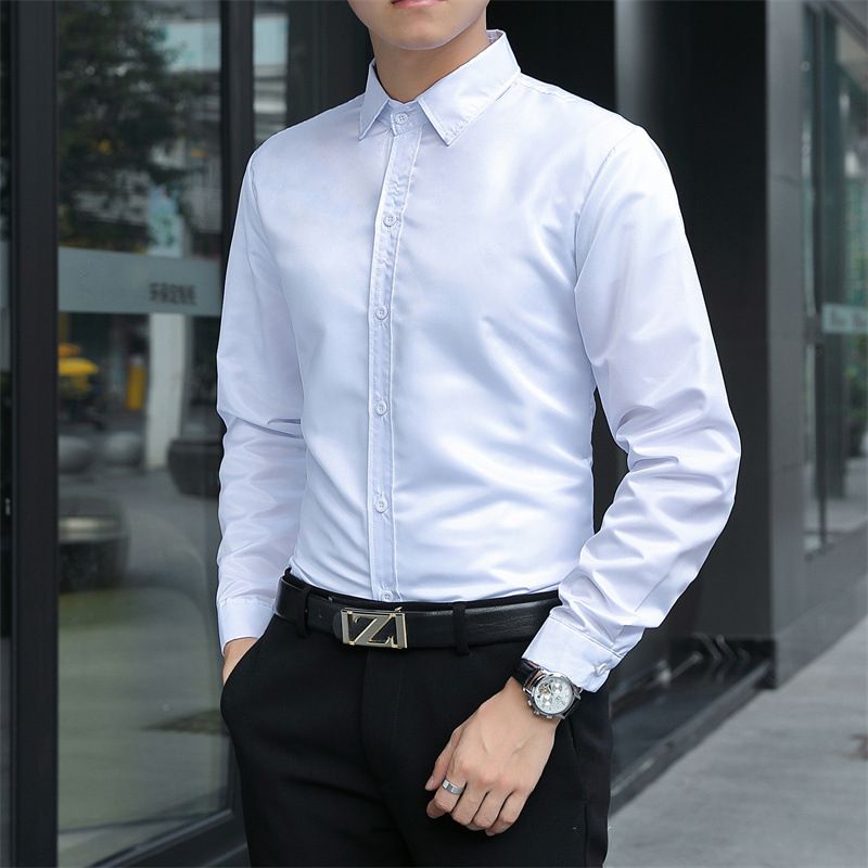 Men's solid color white long sleeve shirts boys fashion thin shirts youth business students slim casual shirts men's clothing tops shirts