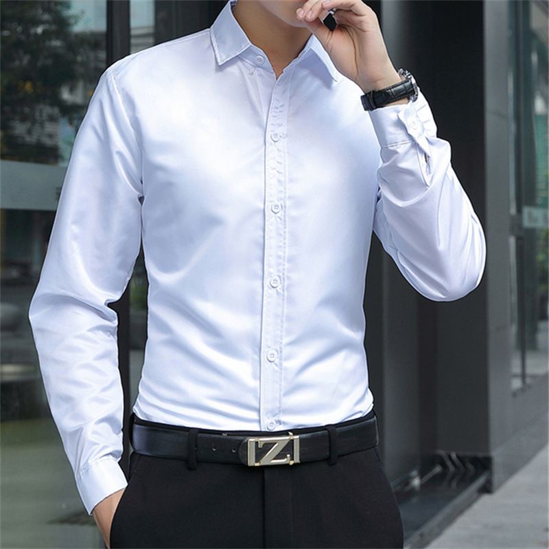 Men's solid color white long sleeve shirts boys fashion thin shirts youth business students slim casual shirts men's clothing tops shirts