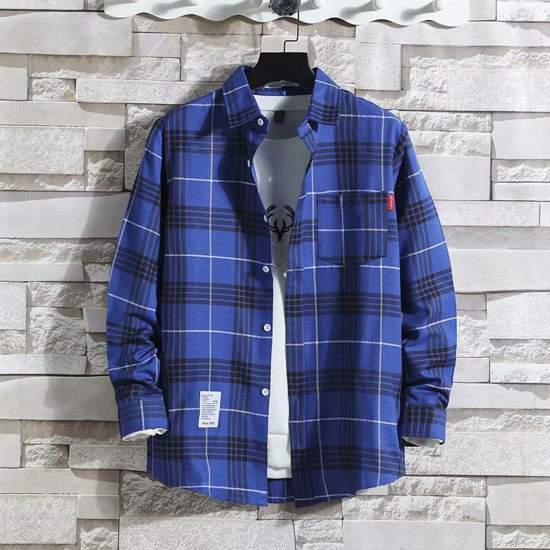 Size M -2XL Men's clothes long sleeve plaid shirt boys casual lapel shirts youth tops loose shirts students clothing coat Blue,M