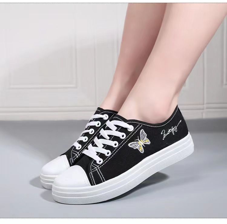 Women's black cloth shoes ladies fashion single shoes girls flats casual sports shoes students loafers canvas shoes driving  running Lace-up shoes