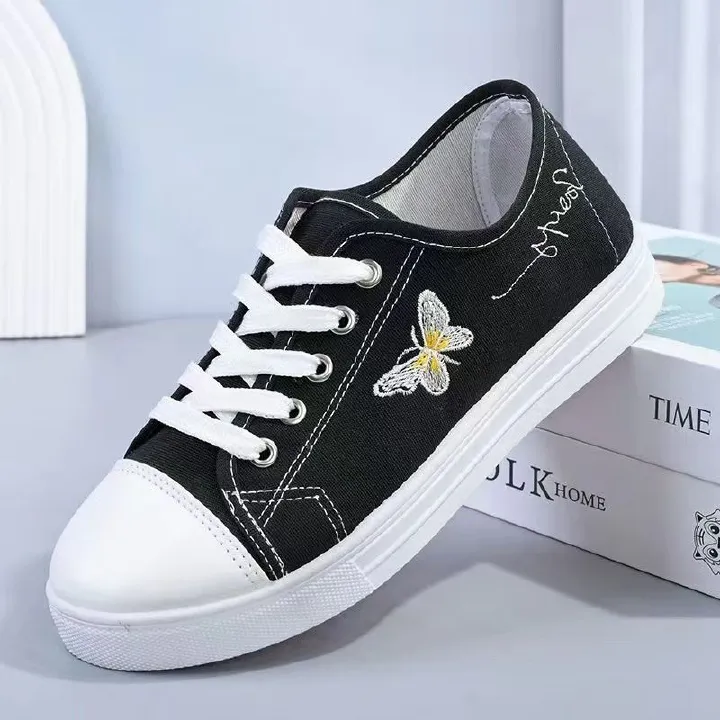 Freyr Women's black cloth shoes ladies fashion single shoes girls flats casual sports shoes students loafers canvas shoes driving  running Lace-up shoes black+white