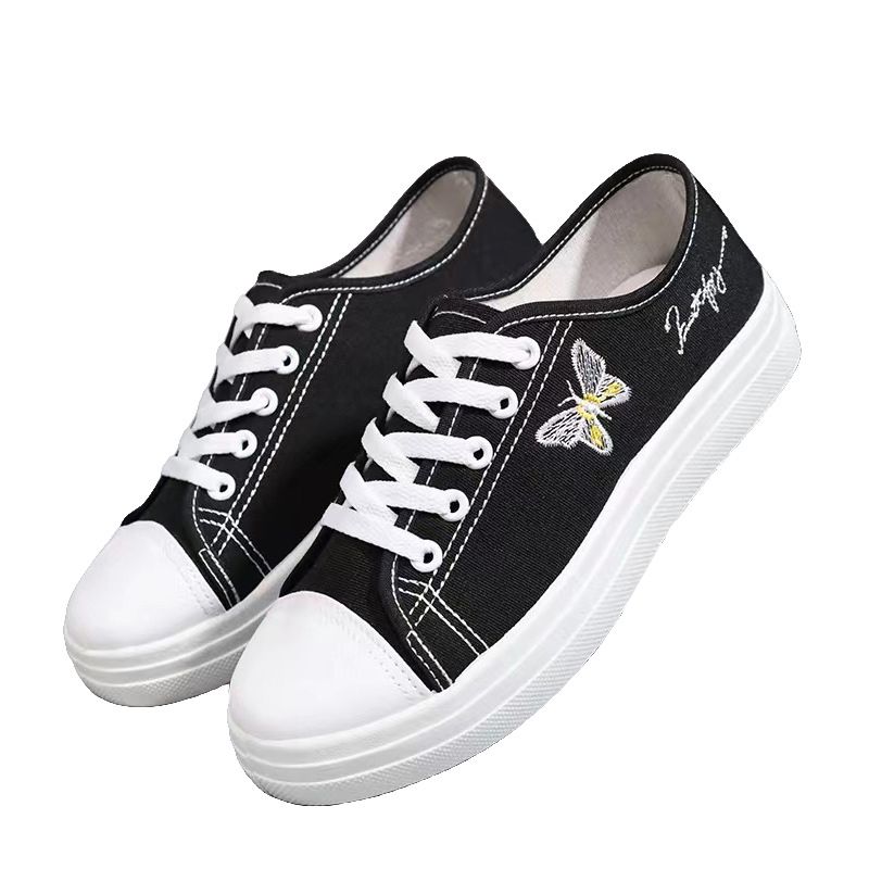 Women's black cloth shoes ladies fashion single shoes girls flats casual sports shoes students loafers canvas shoes driving  running Lace-up shoes