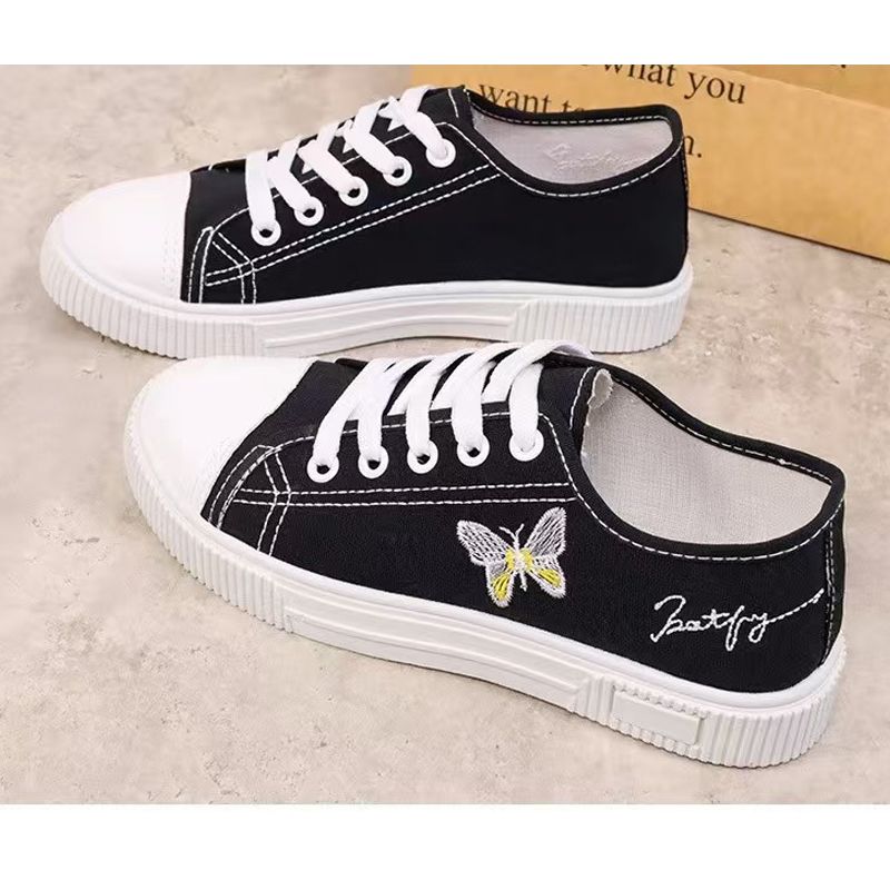 Women's black cloth shoes ladies fashion single shoes girls flats casual sports shoes students loafers canvas shoes driving  running Lace-up shoes