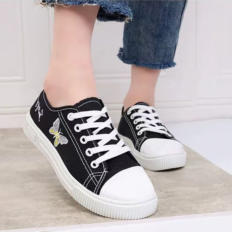 Women's black cloth shoes ladies fashion single shoes girls flats casual sports shoes students loafers canvas shoes driving  running Lace-up shoes
