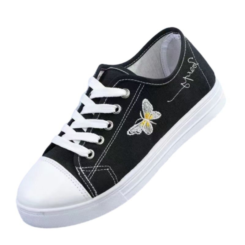 Women's black cloth shoes ladies fashion single shoes girls flats casual sports shoes students loafers canvas shoes driving  running Lace-up shoes