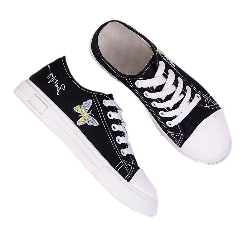 Women's black cloth shoes ladies fashion single shoes girls flats casual sports shoes students loafers canvas shoes driving  running Lace-up shoes