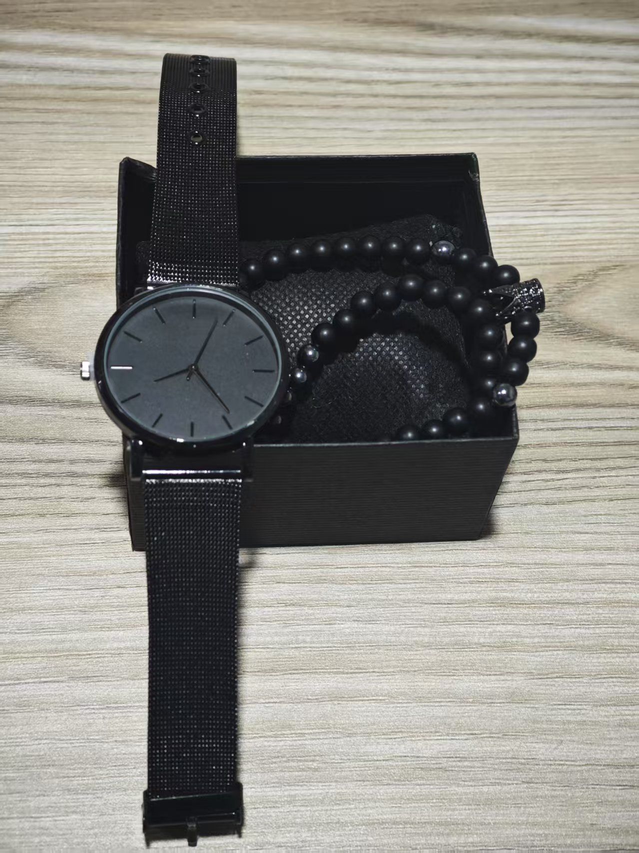 With Box 3 pieces Men's watch sets business Steel band dial quartz boys watch + Crown beaded bracelet men's fashion accessories