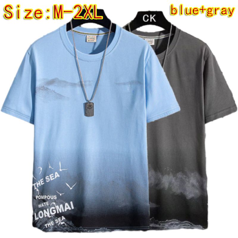 2PC Size M -2XL men's clothes students gray+blue short sleeve clothing boys casual printed round neck slim T-shirt youth tops