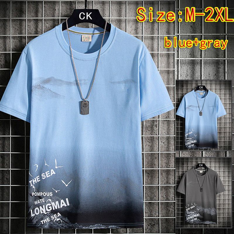 2PC Size M -2XL men's clothes students gray+blue short sleeve clothing boys casual printed round neck slim T-shirt youth tops