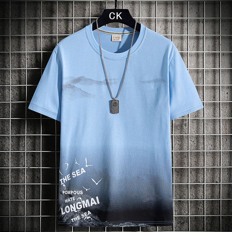 2PC Size M -2XL men's clothes students gray+blue short sleeve clothing boys casual printed round neck slim T-shirt youth tops