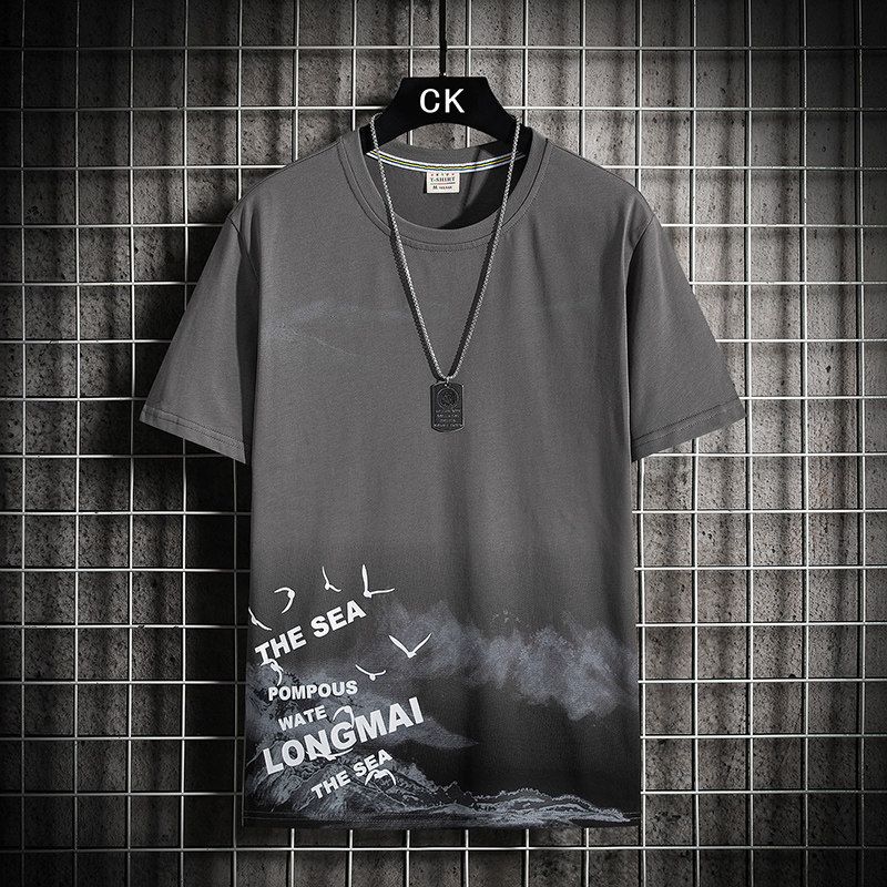 2PC Size M -2XL men's clothes students gray+blue short sleeve clothing boys casual printed round neck slim T-shirt youth tops