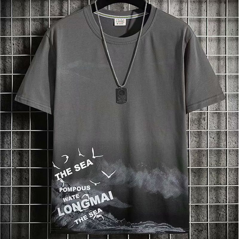 2PC Size M -2XL men's clothes students gray+blue short sleeve clothing boys casual printed round neck slim T-shirt youth tops