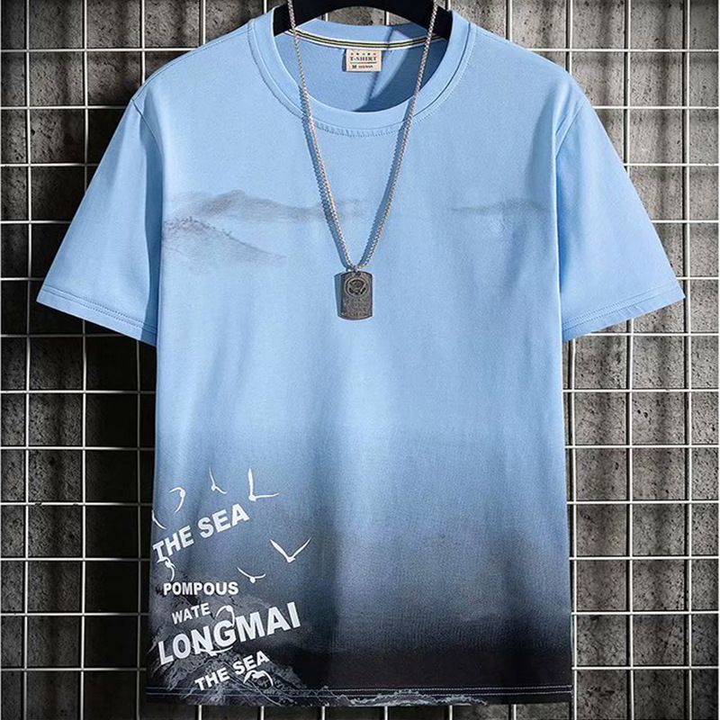 2PC Size M -2XL men's clothes students gray+blue short sleeve clothing boys casual printed round neck slim T-shirt youth tops
